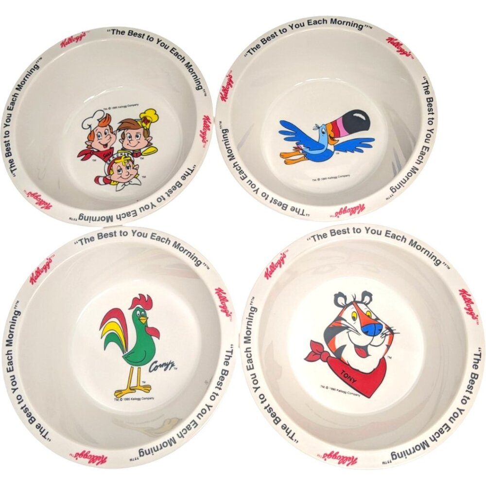Kellogs Cereal Bowls Plastic Tony The Tiger Toucan Sam Corny Snap 1995 Vtg